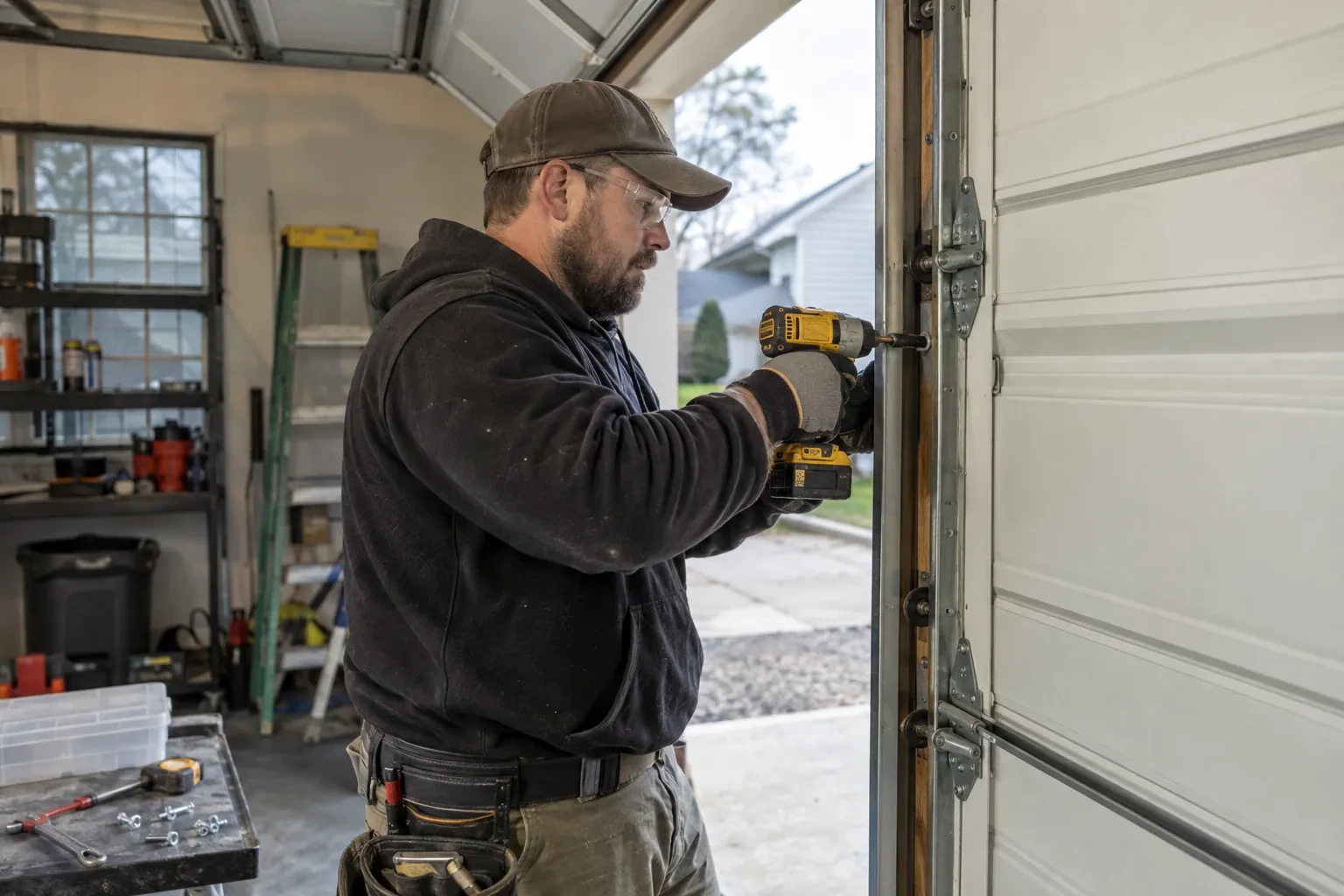 Technician in a brown cap driving a screw into a vertical door track with a yellow cordless drill, beside a workbench.