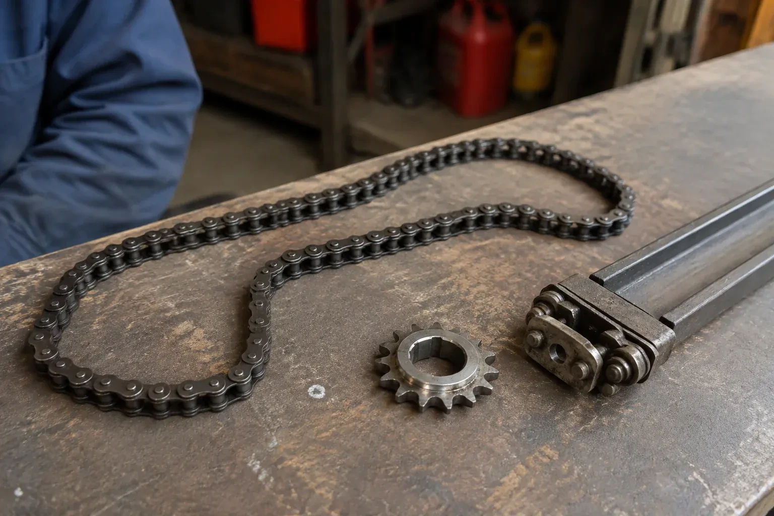 A detached metal roller chain, toothed sprocket and rail component rest on a worn garage workbench. — Chain-Drive Opener Repair, Toronto
