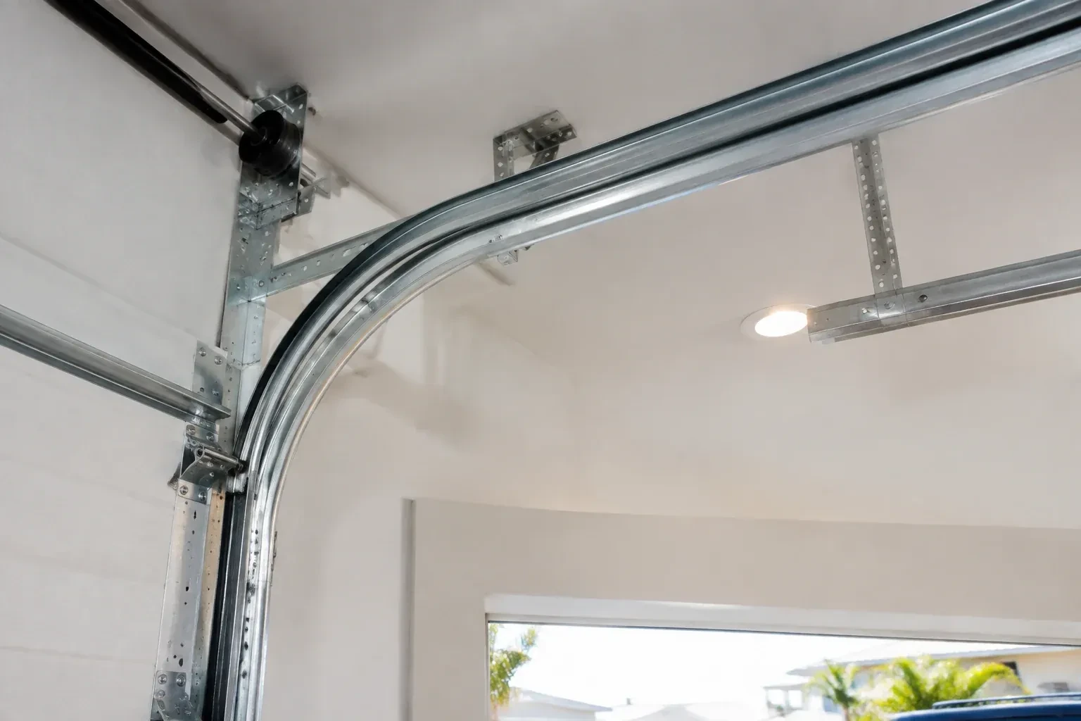 Curved galvanized steel track bending from the vertical door track into the ceiling, with perforated brackets and a recessed light. — Garage Door Track Repair or Replacement, Toronto