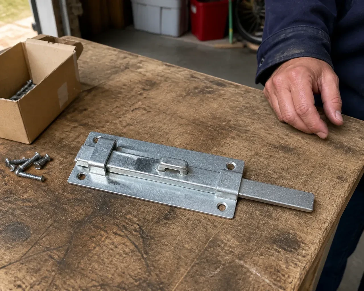 A detached metal slide bolt with mounting holes and retaining guides rests beside screws on a workbench. — Garage Door Manual Lock Repair, Toronto