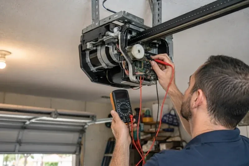 Person holding a multimeter and a red probe near the exposed circuit board of an overhead garage-door opener. — Garage Door Opener Diagnosis and Repair, Toronto